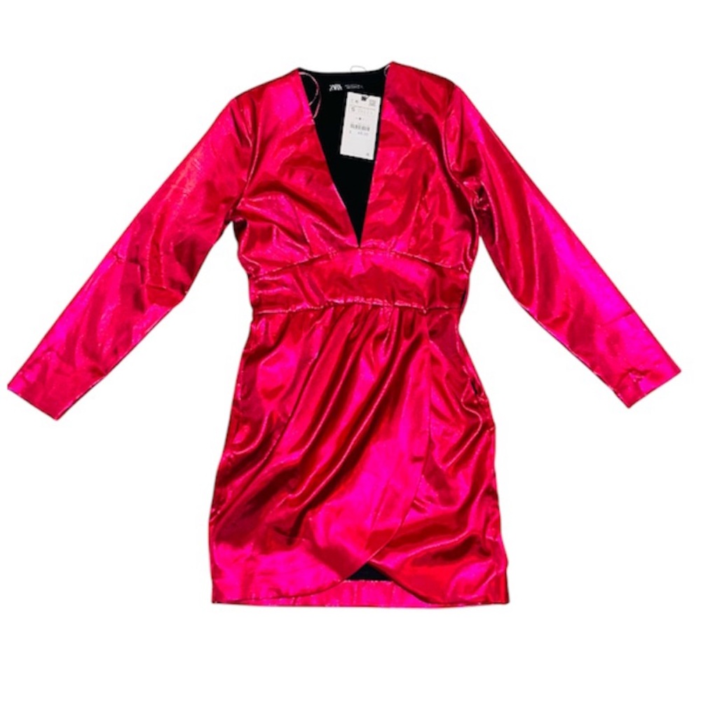 Zara laminated fuchsia pink mini dress with a V-neck, long sleeves, wrap front